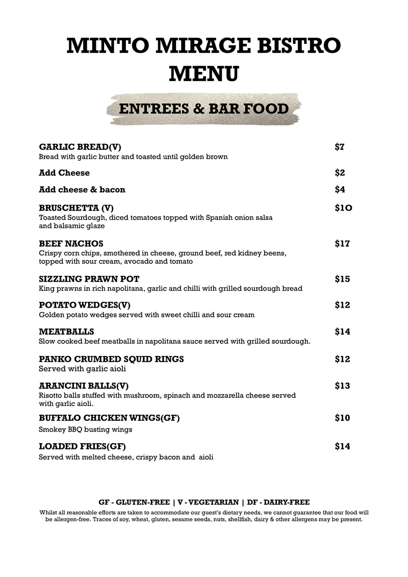 Minto Mirage Hotel Bistro Menu